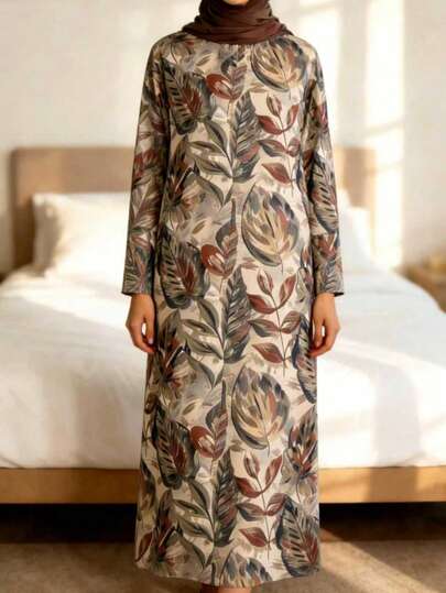 Women's Elegant Long Arabic Style Dress, Featuring Floral Print, Round Neck And Long Sleeves, Suitable For Casual Daily Wear And Vacation