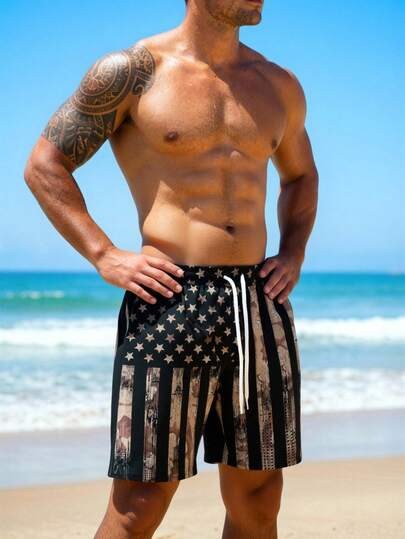 男士休闲迷彩国旗3D数码印花沙滩短裤，抽绳腰带，轻便舒适，适合夏季户外度假和日常穿着。