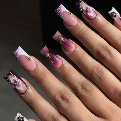 Nâng tầm phong cách của bạn với hơi hướng Y2K! Sử dụng 24 móng giả vuông cỡ trung bình để thay đổi diện mạo móng tay - Họa tiết hoa ombre nâu cổ điển thanh lịch, thiết kế ngôi sao lục giác ngọc trai 3D sang trọng, móng giả phong cách Y2K nữ tính, họa tiết da báo tím nâu, móng giả kiểu Pháp viền trắng họa tiết mây, phù hợp cho cả nữ và bé gái, bao gồm 1 miếng dán và 1 dải keo nhỏ, màu sắc giao ngẫu nhiên.