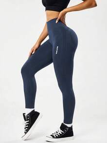 Quần legging thể thao nữ TCVC.GYM in họa tiết, không đường may, co giãn cao, hàng mới về mùa Xuân/Hè. - Màu xanh hải quân - Xem 2