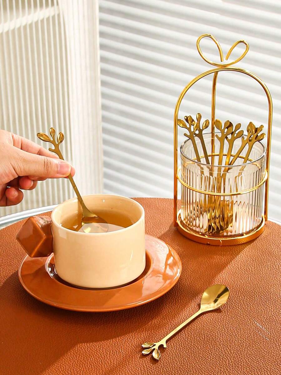 8pcs (1 Holder, 6 Spoons) Stainless Steel Coffee Spoons, Suitable For Home, Kitchen, Restaurant, Living Room, Dessert, Wedding, Party, Gift, Birthday - Multicolor - View 1