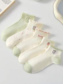 5 paires de chaussettes courtes invisibles en dentelle, motifs fraise, lapin, pois, respirantes et mignonnes pour femmes. Chaussettes blanches, vertes, convenant pour le port décontracté quotidien, printemps/été, toutes saisons - Multicolore - Voir 9