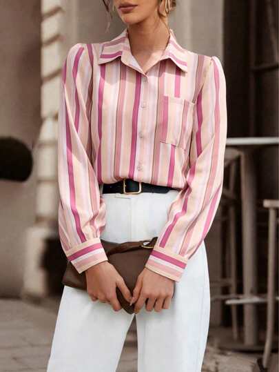 Spring/Summer New Pink Striped Pocket Shirt, Casual Turndown Collar Top, Long Sleeve Shirt For Daily Wear