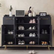 Shoe Cabinet, Shoe Rack With 2 Drawers And 4 Doors, Metal Feet, Dimensions: W130/W37/H100, Black - 黑色 - 查看 4
