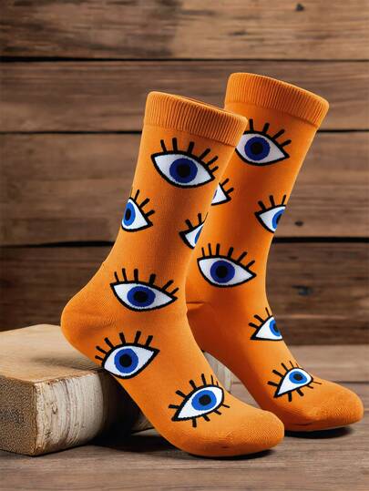 GNIM HL 1 Pair Colorblock Animal Print Men's Mid-Calf Socks, Featuring Dinosaur, Evil Eye, And Sloth Designs
