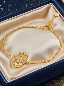 Women's Gold-Plated Box Chain Bracelet, Adorned With Pave Zirconia Fatima's Hand Charm, Minimalist Elegant Style, Suitable For Daily Commute And Workwear, An Ideal Gift For Fashion Enthusiasts - Gold - View 1
