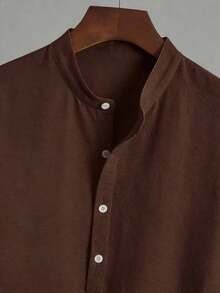 2pc Set Men's Casual Stand Collar Button Front Long Sleeve Loose Breathable Lightweight Shirt And Solid Color Pants, Practical Outfit For Outdoor Commute, Spring & Summer,Fall Clothes, Cozy Outfits - 咖啡棕 - 查看 5
