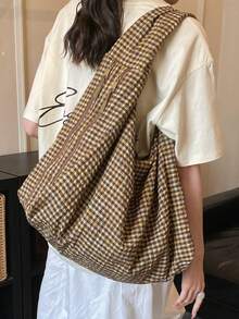 Retro Small Plaid Pleated Large Capacity Tote Bag, Loose Casual Style Versatile Shoulder Bag For Women, Artistic Mori Style Plaid Tote, Casual Versatile Shopping Cloth Bag, College Style Schoolbag For Students, Short Trip Travel Bag, Multi-Pocket Zoned Cloth Bag - Khaki - View 6