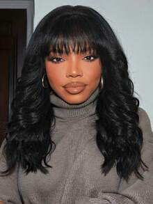 编织假发，带刘海，优雅卷曲波浪中长款女士假发 - 唐长纤维，玫瑰网帽，150% 密度，适合所有头型 - 黑色 - 查看 1