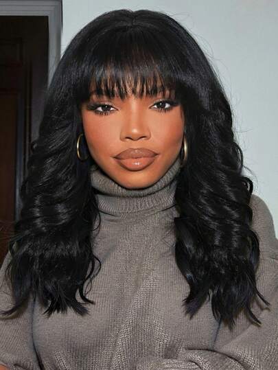 编织假发，带刘海，优雅卷曲波浪中长款女士假发 - 唐长纤维，玫瑰网帽，150% 密度，适合所有头型