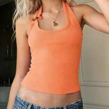 Women's Sexy Halter Knit Crop Top Sleeveless Backless Design With Frill Detail And Slight Stretch For Party Wear - 珊瑚橙 - 查看 6