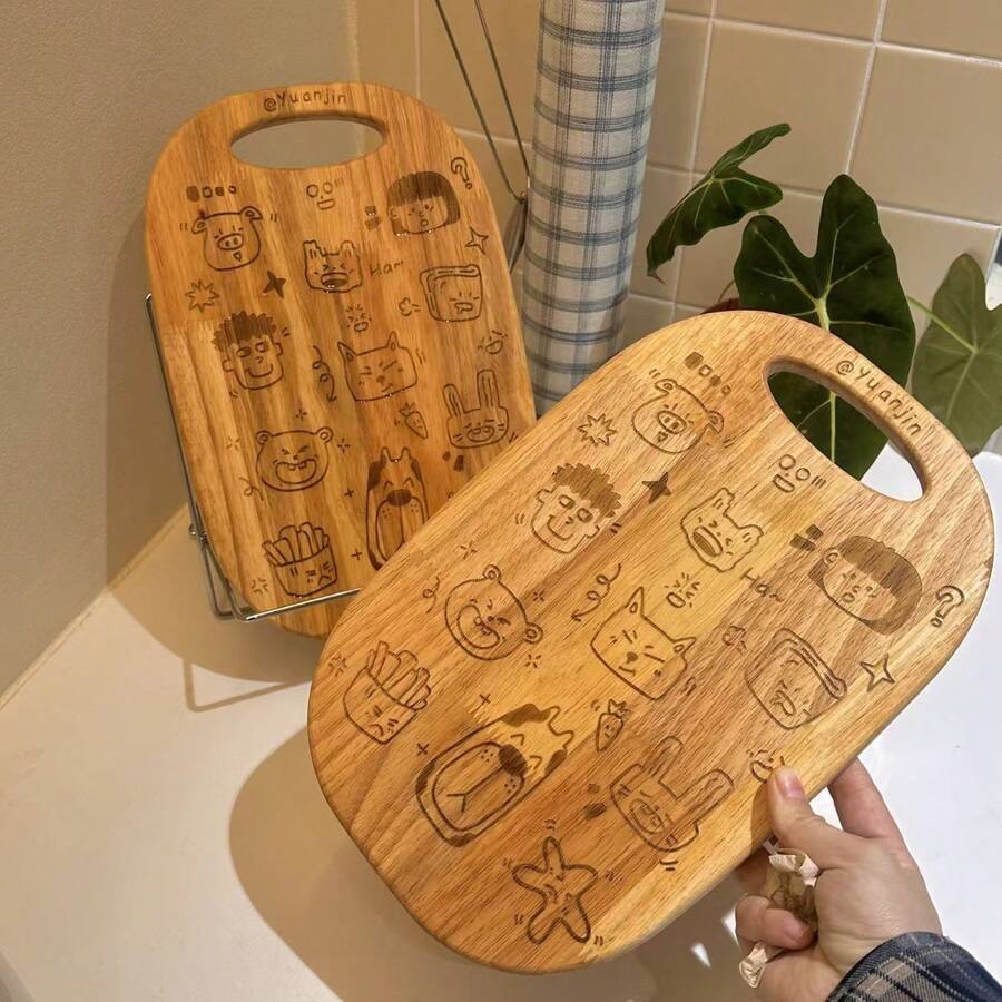 Cute Cartoon Wood Cutting BoardAdorable Graffiti Design Meets Natural Wood Texture. Perfect For Fruits, Bread, And Snacks. Easy To Hang And Store. - Warm Wood Color - View 1
