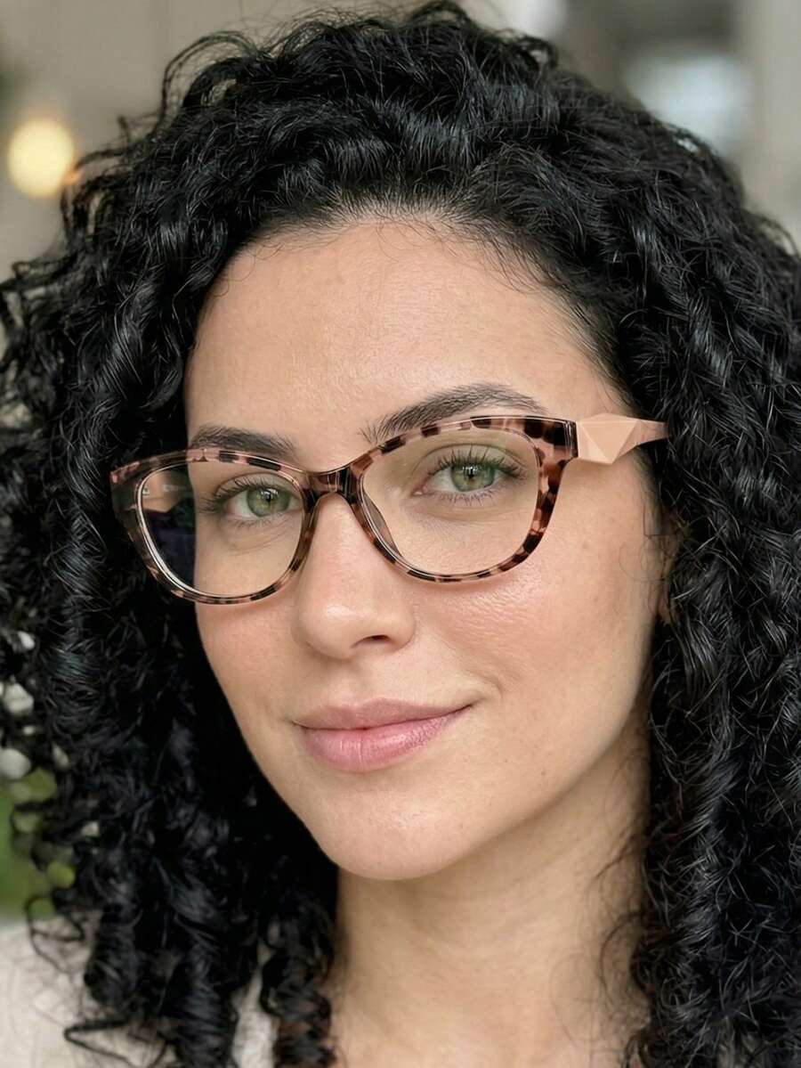 Geometric Cat-Eye Eyeglass Frame With Faceted Temples, Rounded Cat-Eye Shape, Made Of Lightweight And Durable Resin, Thick Sides, Perfect For Prescription Lenses, 2026 , Elegant And Luxurious Gift For Women - Safari Rosé - 查看 1