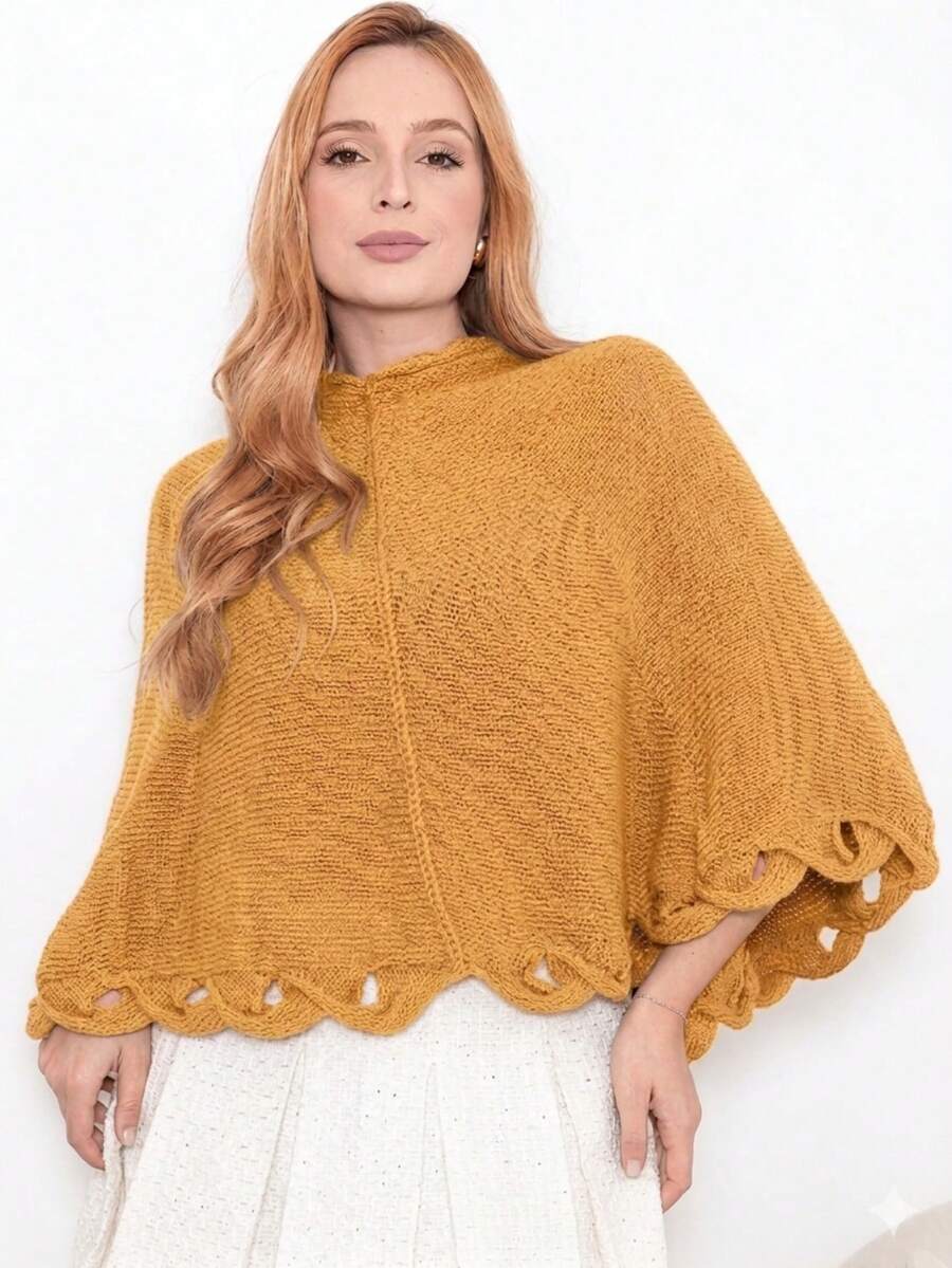 Women's Poncho Knitted Coat Cape Elegant Blouse Winter Warm Marrie Knit - 芥末黃 - View 1