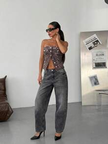 SQUALO Women's Denim Leopard Print Bandeau Crop Top Slit Hem - Brown - View 2