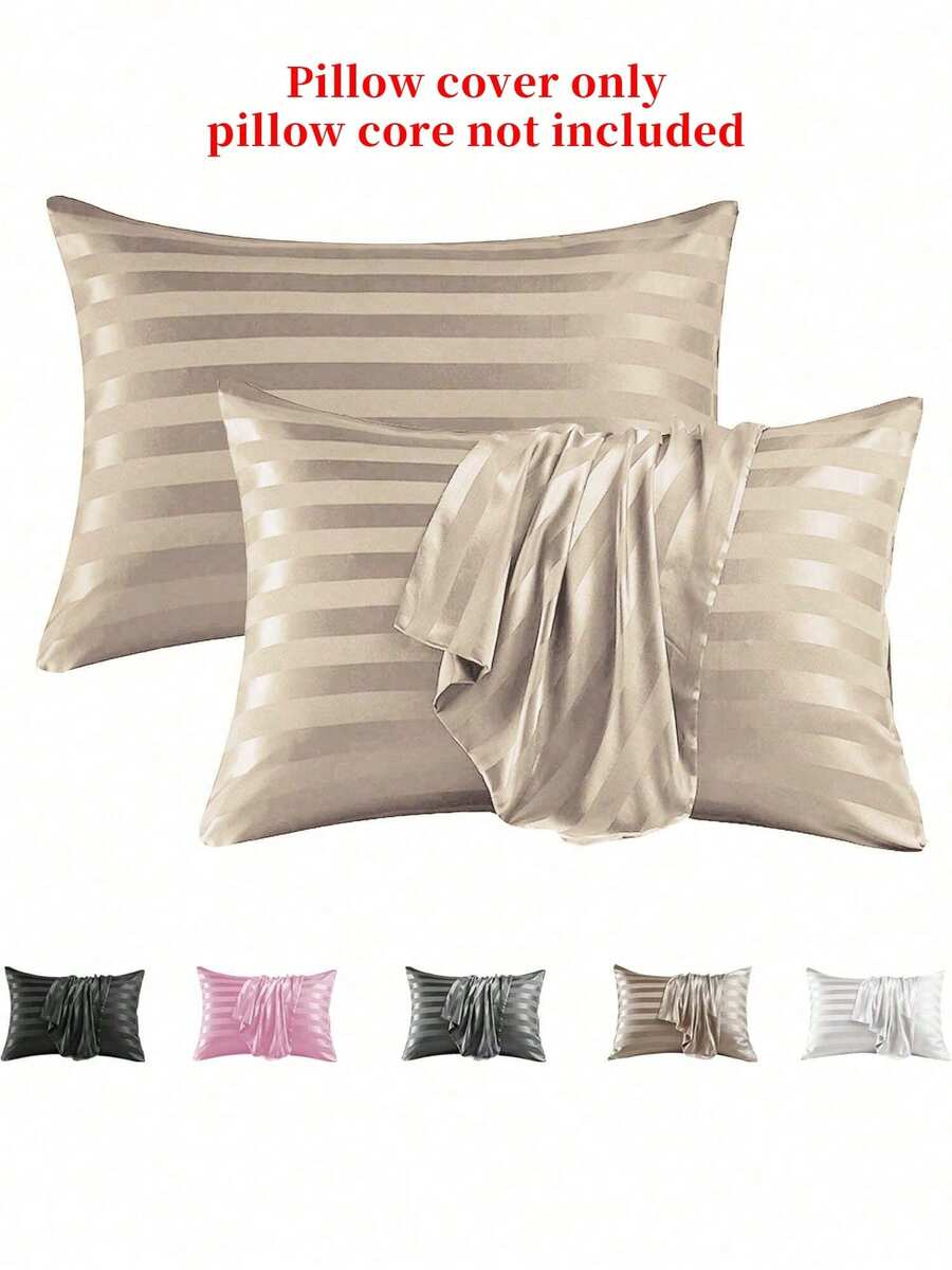Bộ 2 vỏ gối satin sang trọng kẻ sọc, màu kaki, chất liệu jacquard siêu mềm, kiểu dáng hộp thư giãn, có thể giặt máy, định lượng 80-85gsm, thoáng mát và thoải mái, nhẹ nhàng cho tóc và da, chất lượng như khách sạn.