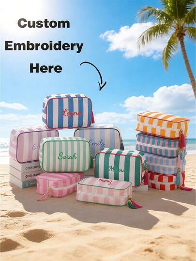 Customized Embroidered Striped Tassel Cosmetic Bag, Personalized Embroidered Name Organizer Pouch, Zipper Makeup Bag, Travel Toiletry Bag, Travel Essentials, Multi-Functional, Decorative, Lettering, Fashion, Modern, Colorful, Cute, Casual, Customized, Personalized, Unique, Custom-Made, Ideal Gift For Him, Ideal Gift For Her