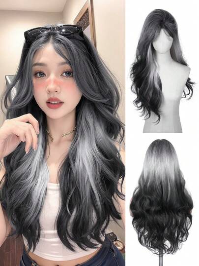 28 Inch Grey Long Wavy Wig With Bangs, Made Of Heat-Resistant Synthetic Fiber, Grey To Black Ombre Color, Natural Looking, Suitable For Daily Wear, Parties, Halloween, Cosplay And More