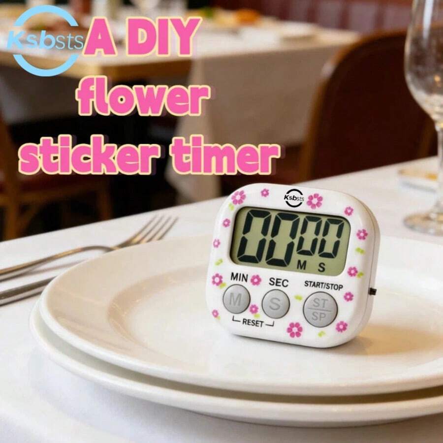 1pc DIY Floral Sticker Timer, Floral Digital Kitchen Timer, 99 Minute Countdown, LCD Display, Start/Stop, Reset, Magnetic Backing, Loud Alarm, Battery Powered - Battery Not Included (1 Random Small Flower Sticker Included) - White Machine Gray Key + Small Flower - View 1