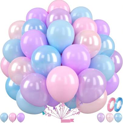 10-Inch Pastel Blue, Pink, Purple Balloons, Pearl Pink, Purple, Blue Pastel Latex Balloons For Baby Shower, Gender Reveal, Mermaid, Birthday, Wedding, Princess Party Decorations