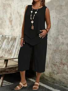 EMERY ROSE Plus Size Women Solid Color Round Neck Top And Wide Leg Pants Casual Daily Summer 2 Pieces Set Pant Suit Summer Sets Capri Sets Women Black Jumpsuit Women Elegant Vest And Pants Set Capri Jumpsuit Women Vacation Outfit Sets Women Elegant Outfits Black Sleeveless Top And Pants Set Classy Coords Outfit For Women Women 2 Piece Outfit Casual - 多色 2 - 查看 6