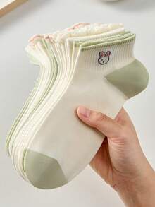 5 paires de chaussettes courtes invisibles en dentelle, motifs fraise, lapin, pois, respirantes et mignonnes pour femmes. Chaussettes blanches, vertes, convenant pour le port décontracté quotidien, printemps/été, toutes saisons - Multicolore - Voir 2