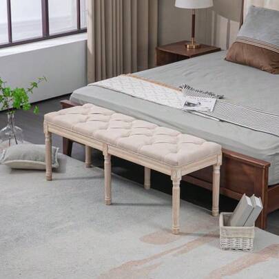 Vintage Upholstered Bench, 117x40x48 Cm, Suitable As A Bed Or Bedroom Bench, With Linen-Textured Buttons, Supports Up To 120 Kg, Beige