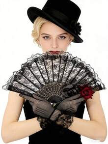 优雅复古西班牙风格折扇，玫瑰蕾丝图案设计，适合派对、送礼、日常使用，是理想的礼物之选，也适合茶会装饰、夏季和节日使用。 - 蕾絲扇 - 查看 4