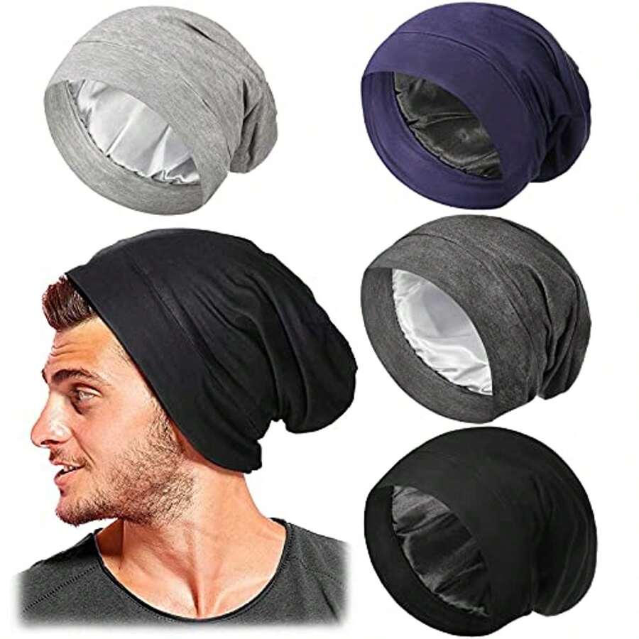 4 Pcs Silk Satin Lined Bonnet For Sleeping Adjustable Slouchy Beanie Hat For Women Men Night Hair Wrap - 深色系多色 - 查看 1