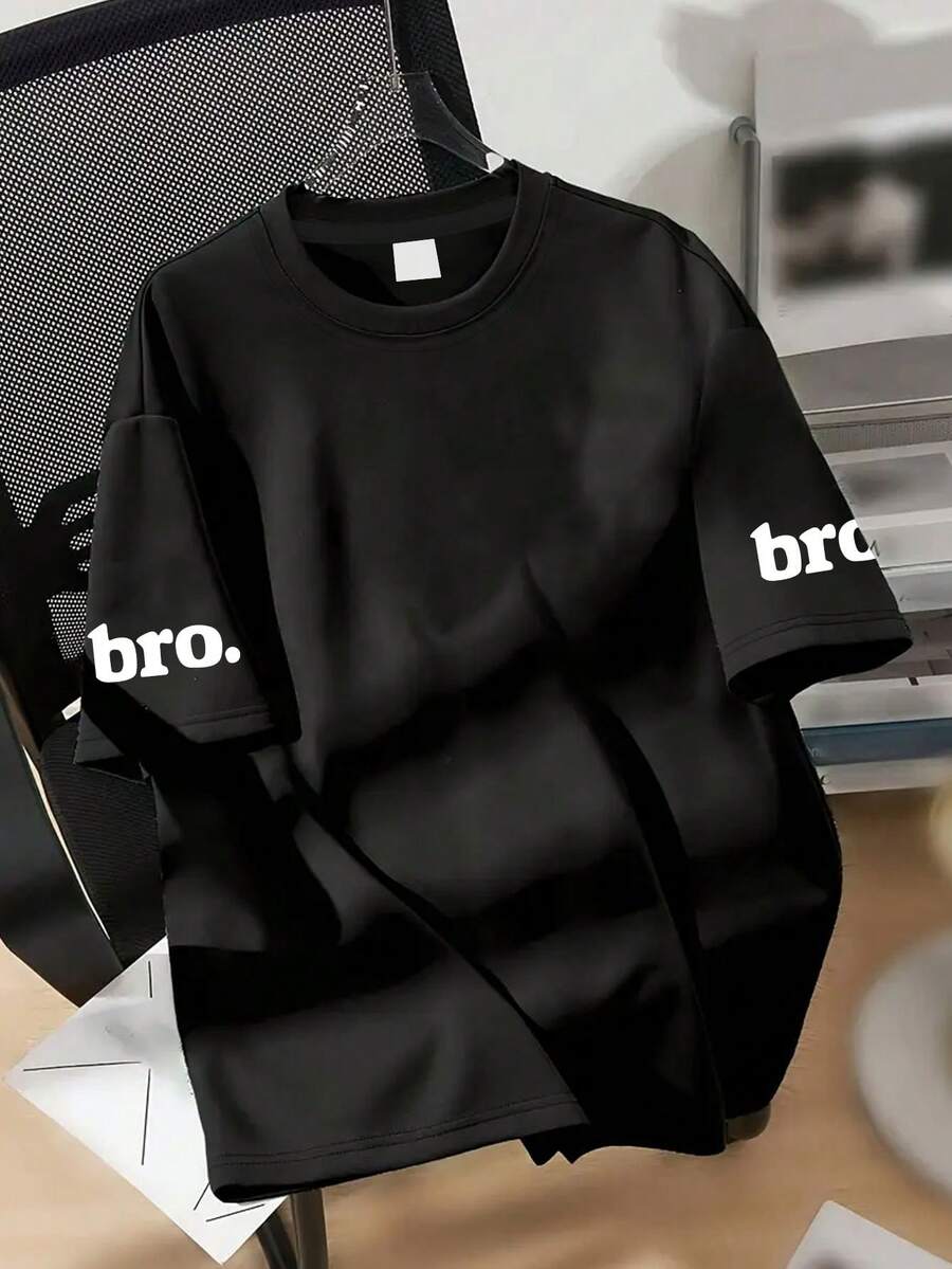 男童休闲圆领短袖T恤,印有“Brother”字样,时尚百搭,青少年街头风短袖上衣,适合春夏穿着 - 黑色 - 查看 1