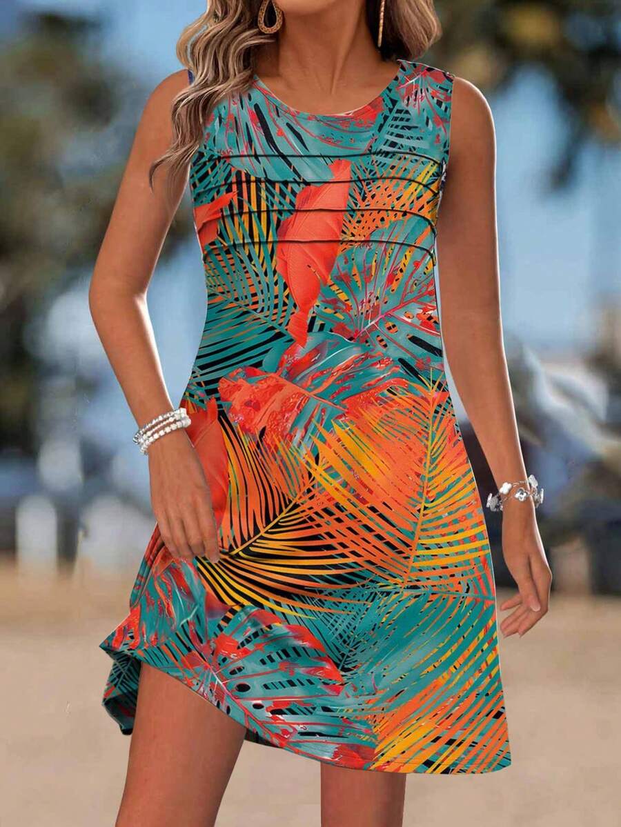 Women's Sleeveless A Line Mini Dress Boho Scoop Neck Tropical Print Fabric With Ruched Bust Vacation Elegant - Orange - View 1