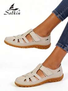 Sandálias femininas de verão com fecho, design minimalista de bico fechado para uso confortável ao ar livre, sapatos baixos sem fecho, adequados para jeans, saias, tamanhos grandes, estilo férias. - Bege - Ver 11