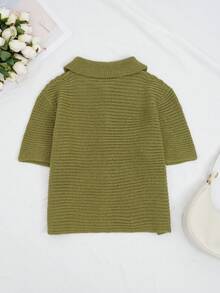 Áo cardigan dệt kim tay ngắn cài cúc phía trước dành cho nữ, kiểu dáng ôm vừa vặn, cổ áo, phong cách thường ngày. - Màu xanh Ô liu - Xem 6
