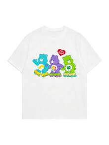 SHEIN | Care Bears Áo thun nữ tay ngắn mùa hè in hình hoạt hình ba chú gấu trượt patin cổ điển, sự kết hợp giữa phong cách E-girl ngọt ngào và nét hoài cổ Mỹ. - trắng - Xem 3