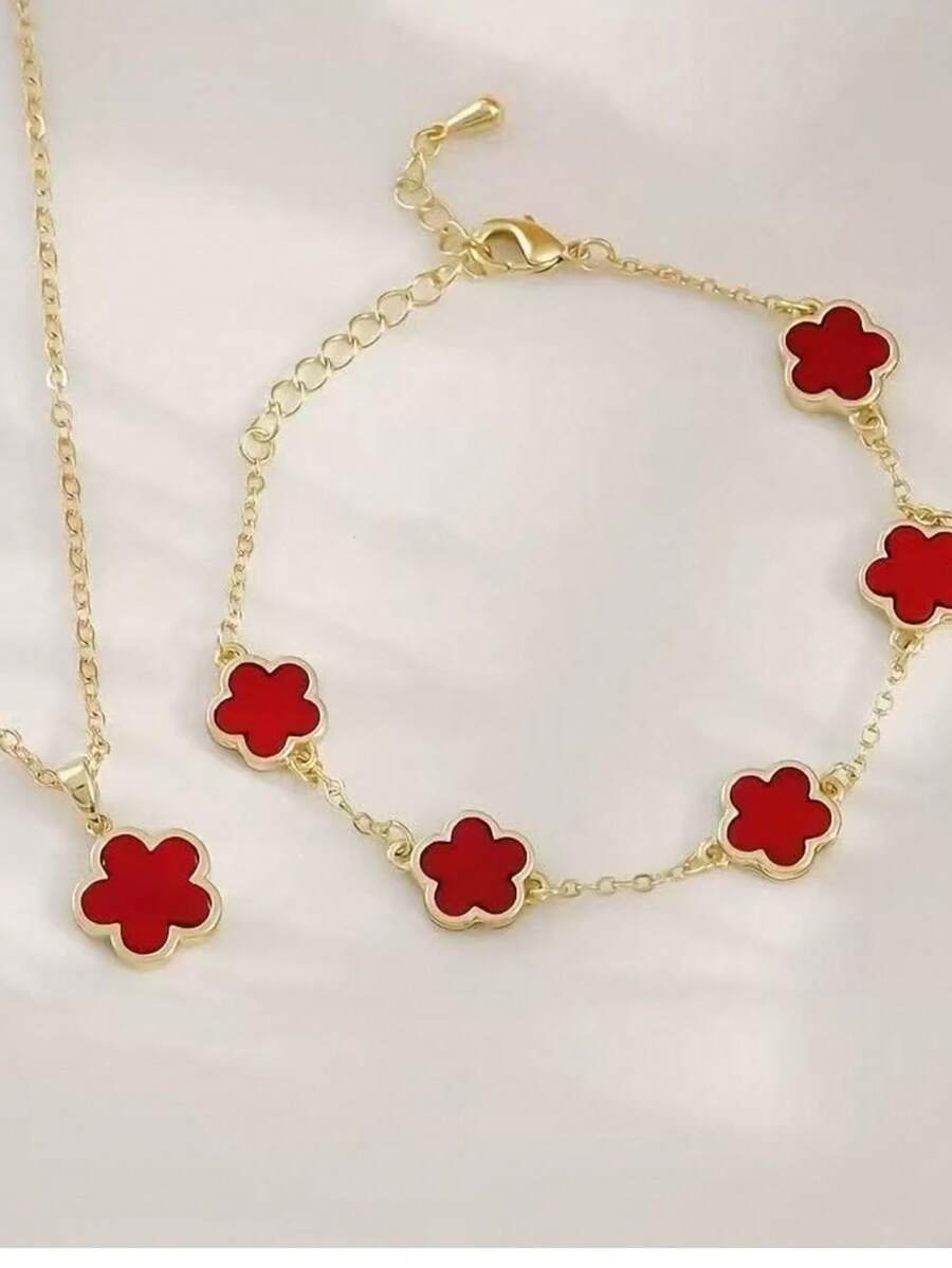 Bộ 2 món: 1 mặt dây chuyền + 1 vòng tay, kiểu dáng sang trọng tối giản hình hoa cỏ ba lá màu vàng đồng hình bầu dục, chất liệu đồng, thích hợp làm quà tặng cho bạn gái, đám cưới, tốt nghiệp, hẹn hò. - Đỏ - Xem 1