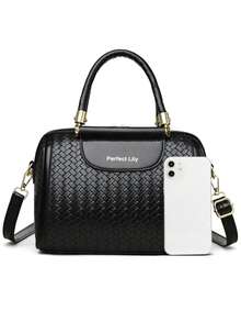 Women's Handbag, Shoulder Bag, Woven Embossed Solid Color PU Leather, Minimalist, Lightweight, Versatile - Black - View 3