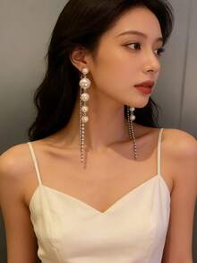 一对珍珠长流苏水钻耳环，奢华优雅个性化耳环，百搭礼物 - 白色 - 查看 1