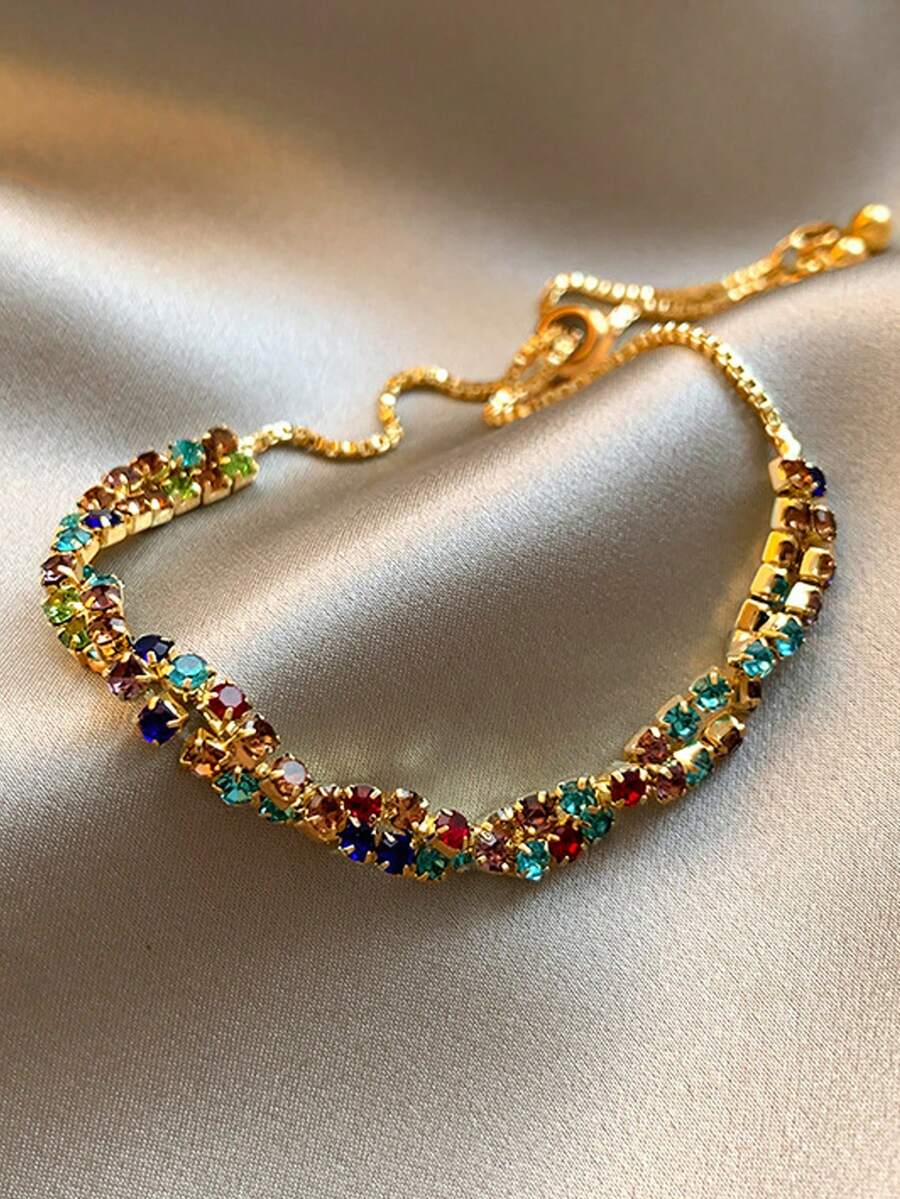 1件装奢华小众设计优雅百搭友谊手链，饰有幸运彩虹糖果，水钻颜色/数量随机 - 金色 - 查看 1