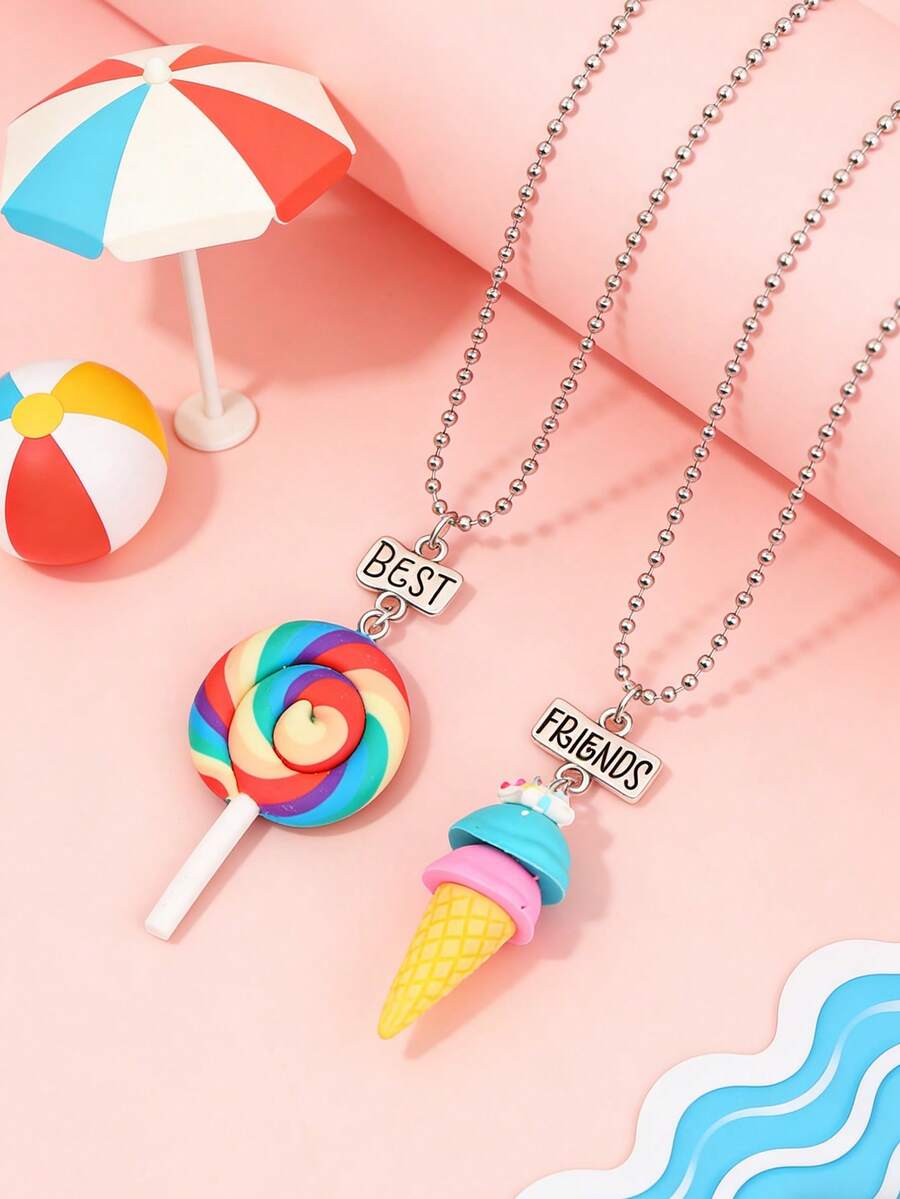 2pcs/Set Girls Cute Ice Cream Pendant Necklace Set, Eternal Friendship Jewelry For Best Friends, Daily Wear, Sister Gift, Birthday Present - Multicolor - View 1