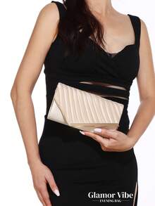 Bolso de mano de satén color champán plisado - Con cadena dorada desmontable, adecuado para bodas, fiestas, bailes de graduación - Albaricoque - Ver 4