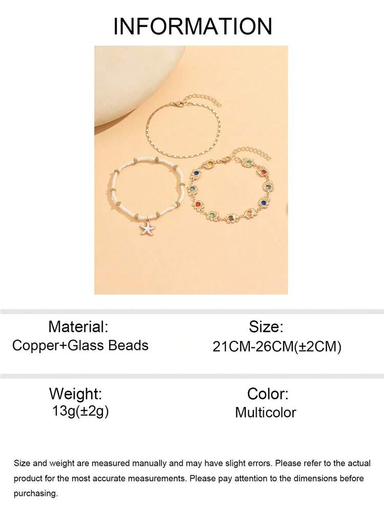 3pcs/Set Summer Beach Vacation Shell Beaded Starfish Pendant Anklet, Copper Chain Fashionable Rhinestone Handmade Anklet Jewelry For Women, Suitable For Daily Wear, Vacation, Travel And Shopping. The Rhinestone Chain Can Be Cut To Desired Length, The Number And Color Arrangement Of Beads Is Random. - Multicolor - View 5