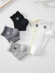 5双装女士白色竖条纹荷叶边短袜，时尚简约柔软透气吸湿短袜，公主风，适合生日派对、居家、四季穿着，颜色随机 - 彩色 - 查看 11