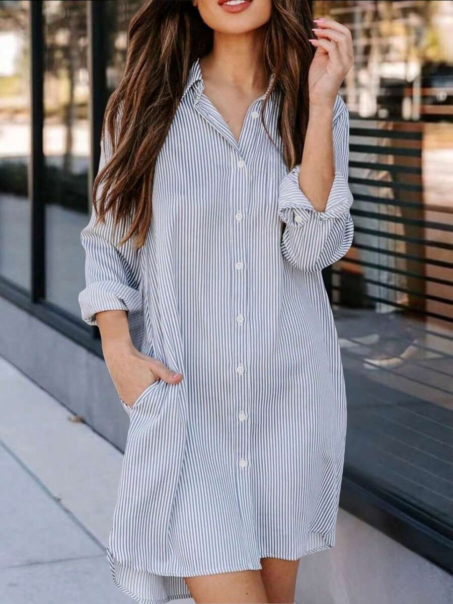 Women's Striped Classic Long Sleeve Shirt, Fitted Collared Blouse, Casual Office Shirt With Pockets Spring - Navy Blue - View 1