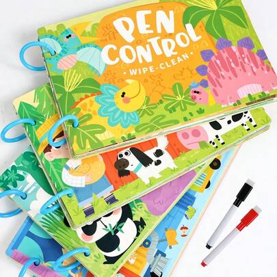 Early Learning Pen Control Training Children's Drawing Book, Educational Preschool Supplies, Wipe-Clean Hand-Eye Coordination Exercise, Early Education Flash Cards, Cognitive Thinking Toys, Children's Line Drawing Cartoon Animal Painting, Sketch Coloring Book, Manga Pen Control Training