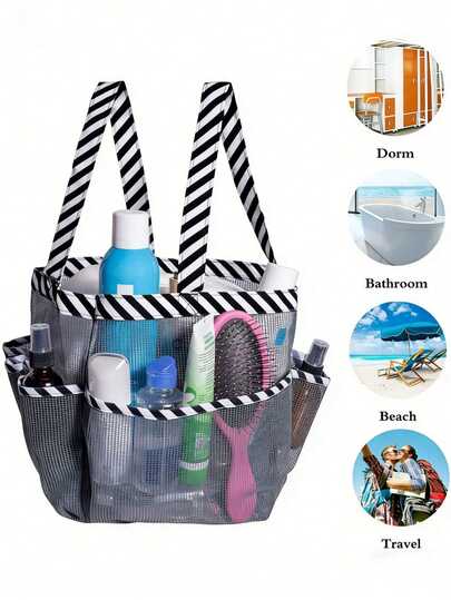 1 chiếc giỏ lưới nhựa dày màu đen trắng sọc mới, 8 ngăn, dùng treo trong nhà tắm, túi lưới ngoài trời, giỏ đựng đồ nhà tắm, giỏ đựng đồ nhà vệ sinh, giỏ đựng đồ bơi, dễ vệ sinh, dung tích lớn, dễ mang theo.