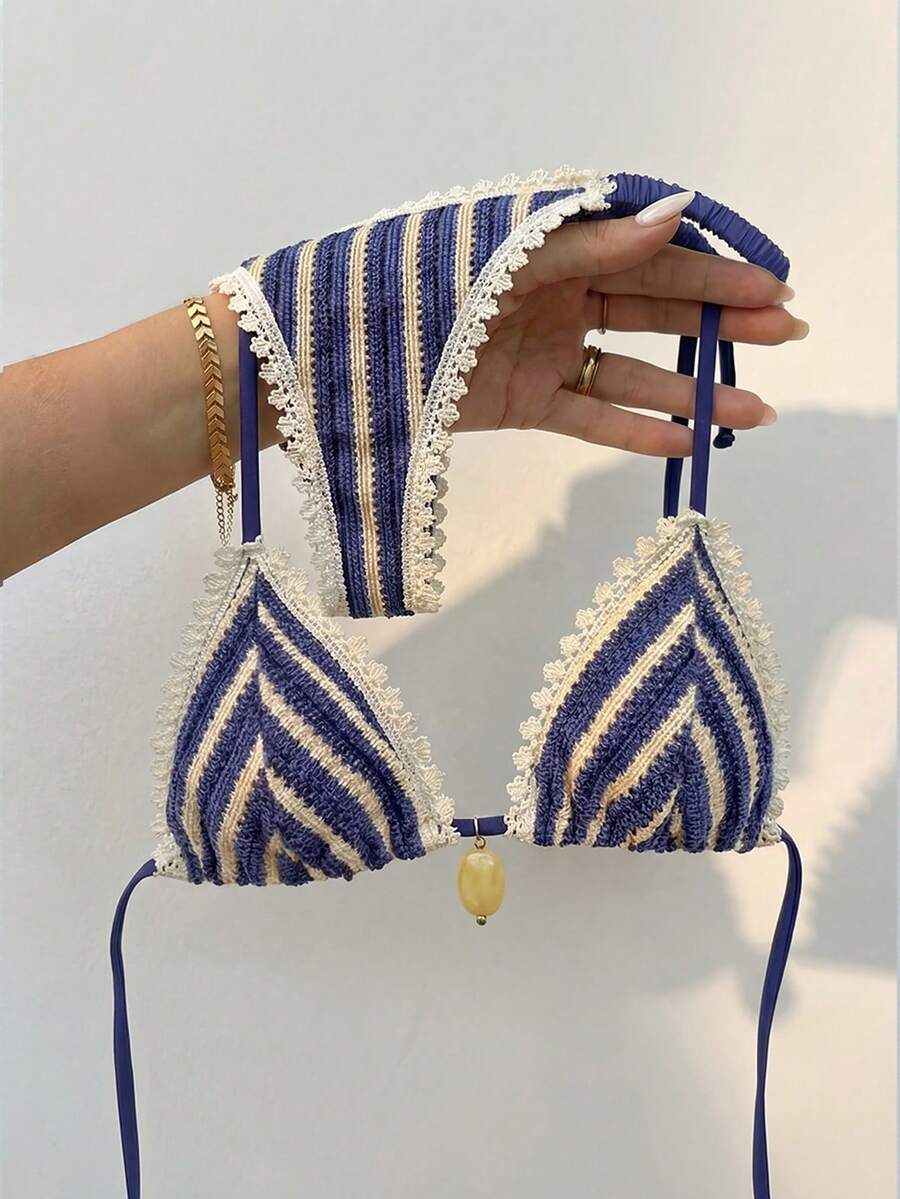 Bikinx Traje de baño de mujer con textura de tela rayada y encaje estilo bohemio, bikini de triángulo con volantes en la Bottom para vacaciones, playa y verano 2025