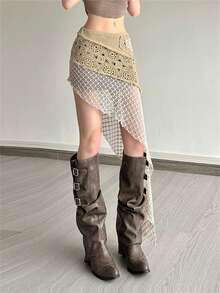 Kliou钩针编织不规则夏季半身裙 女式拼接沙滩性感夜店风时尚镂空午夜基础款狂野嘻哈优雅迷你裙 - 卡其色 - 查看 7