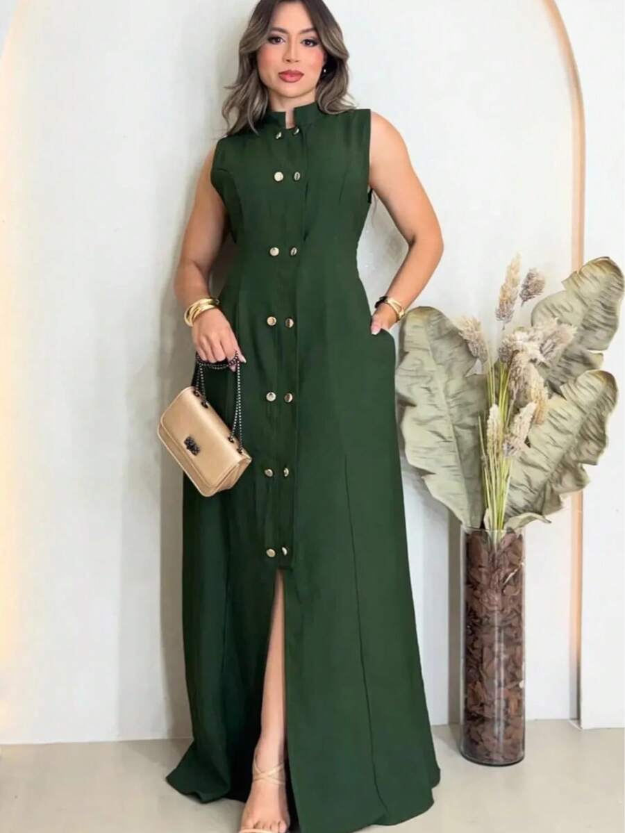 VESTIDO LONGO FEMININO COM GOLA ALTA SIMPLES E BOTÕES FONTAL. OUTONO/INVERNO. - Verde Escuro - Visão 1
