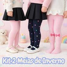 Kit 2 Meias Calça Bebê e Infantil Grossa Inverno Quentinha Feminina - 1 Branca e 1 Preta - Visão 2