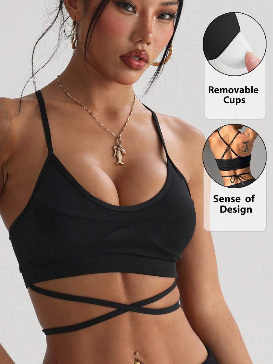 Women's Fashionable Solid Color Removable Padded Backless Tie-Up Sports Knit Bra - Black - View 1